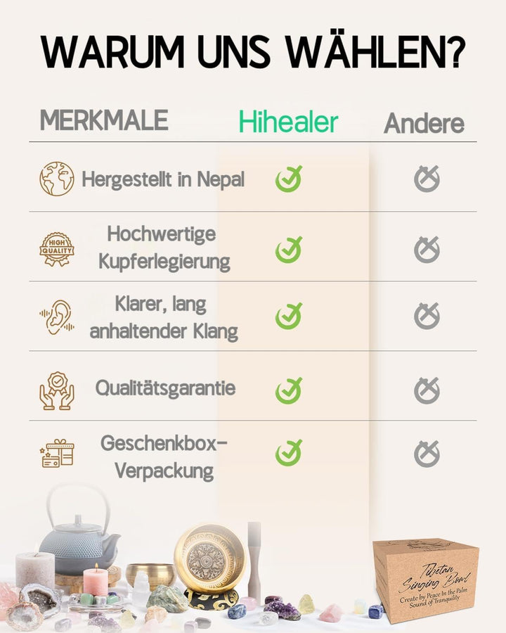 Hihealer Tibetanische Klangschalen-Set 100% Handgefertigt in Nepal, Grosse Klangschale mit Anleitung