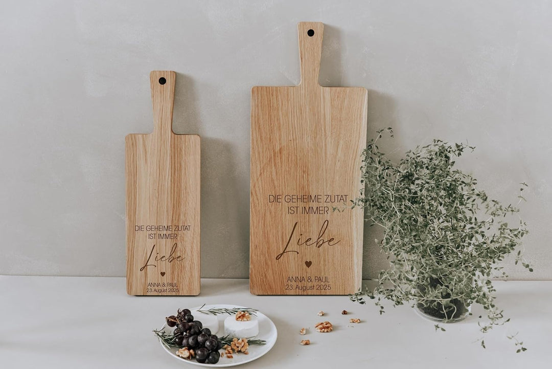 Schneidebrett Eiche massiv mit Gravur personalisiert, 2 Grössen Mit Eigener Gravur 48L x 20B cm, Mit