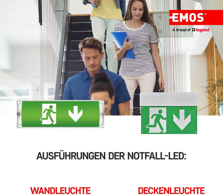 EMOS LED Notbeleuchtung, Notausgangsschild bis zu 3h Notfall-Modus, Fluchtwegleuchte mit Manuell-Tes