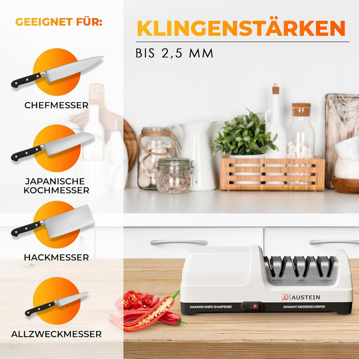 AUSTEIN® Diamant Messerschärfer elektrisch TG2202 - Der 3 Phasen Messerschleifer mit 20 Grad und mag