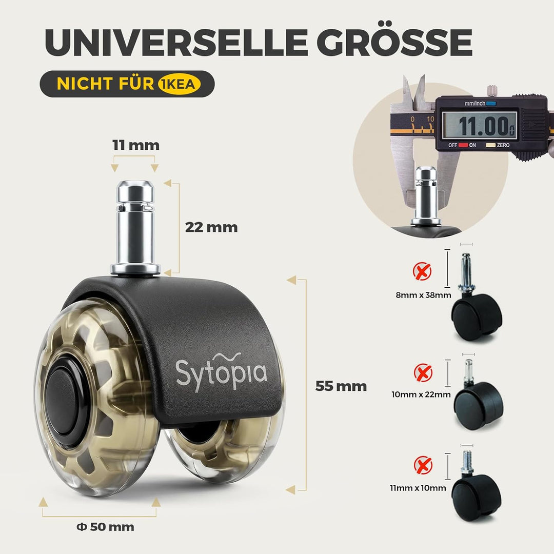 Sytopia Bürostuhl Rollen 11mm x 22 mm, 5er Set Rollen für Bürostühle, Super Leise und Weiche für Har