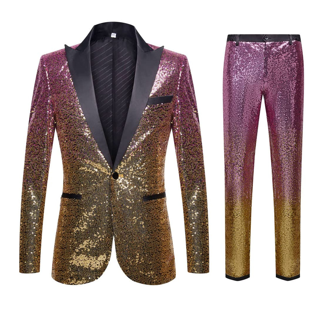 Herren Modische Blumenmuster Pailletten Zweiteiler Set Anzüge S Pink Gold, S Pink Gold