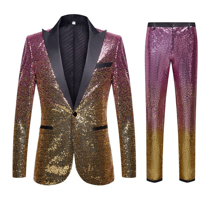Herren Modische Blumenmuster Pailletten Zweiteiler Set Anzüge S Pink Gold, S Pink Gold