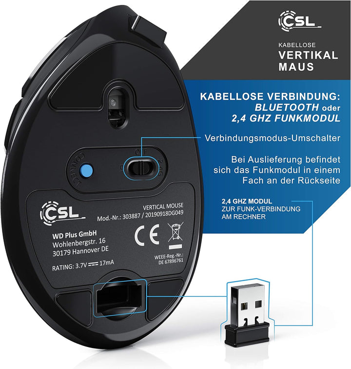 CSL - optische vertikale Maus kabellos - Wireless Mouse – Funkmaus mit OLED Display - 2,4 Ghz - gege