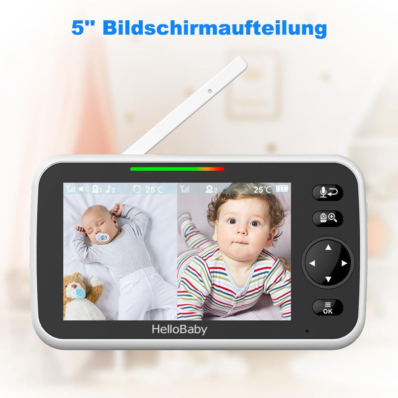 HelloBaby Babyphone mit 2 Kameras, 305 m Starke Reichweite, 26 Stunden Akku, 5" Geteilter Bildschirm