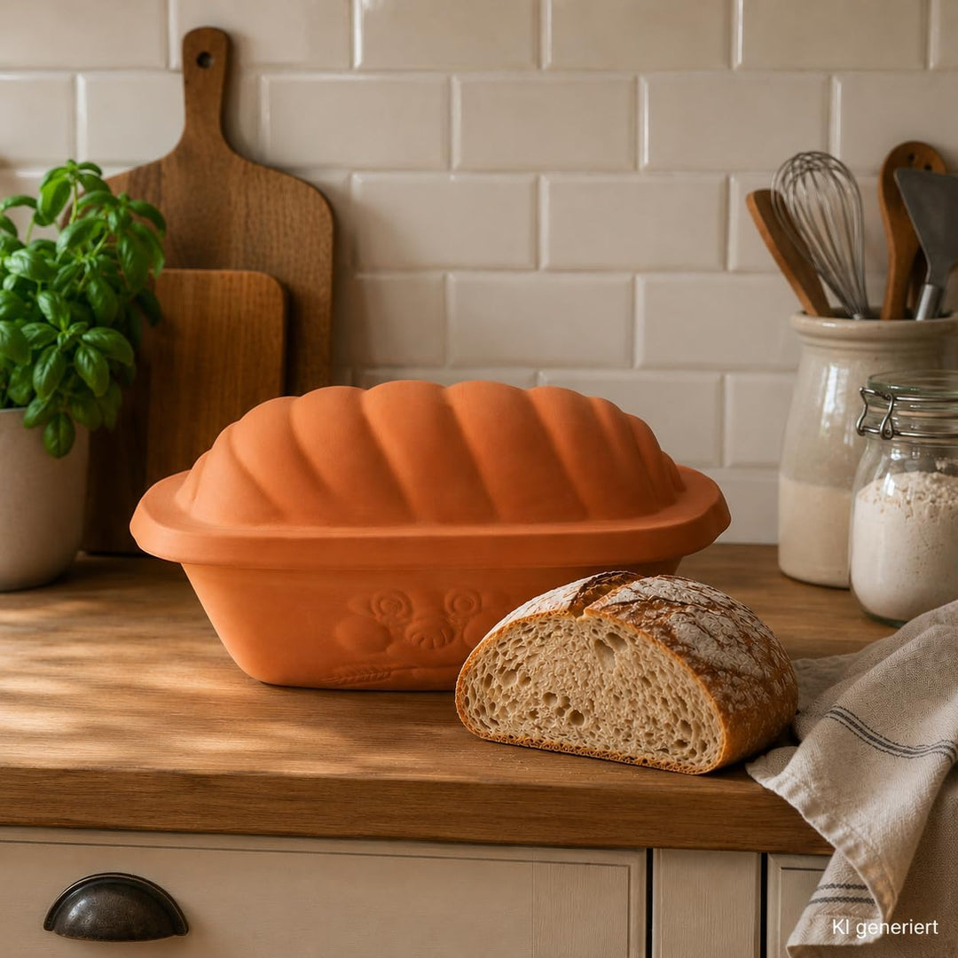 MamboCat Terrakotta-Topf Berti zur Brot-Aufbewahrung I 100% Natur Ton-Behälter mit Deckel hält Toast