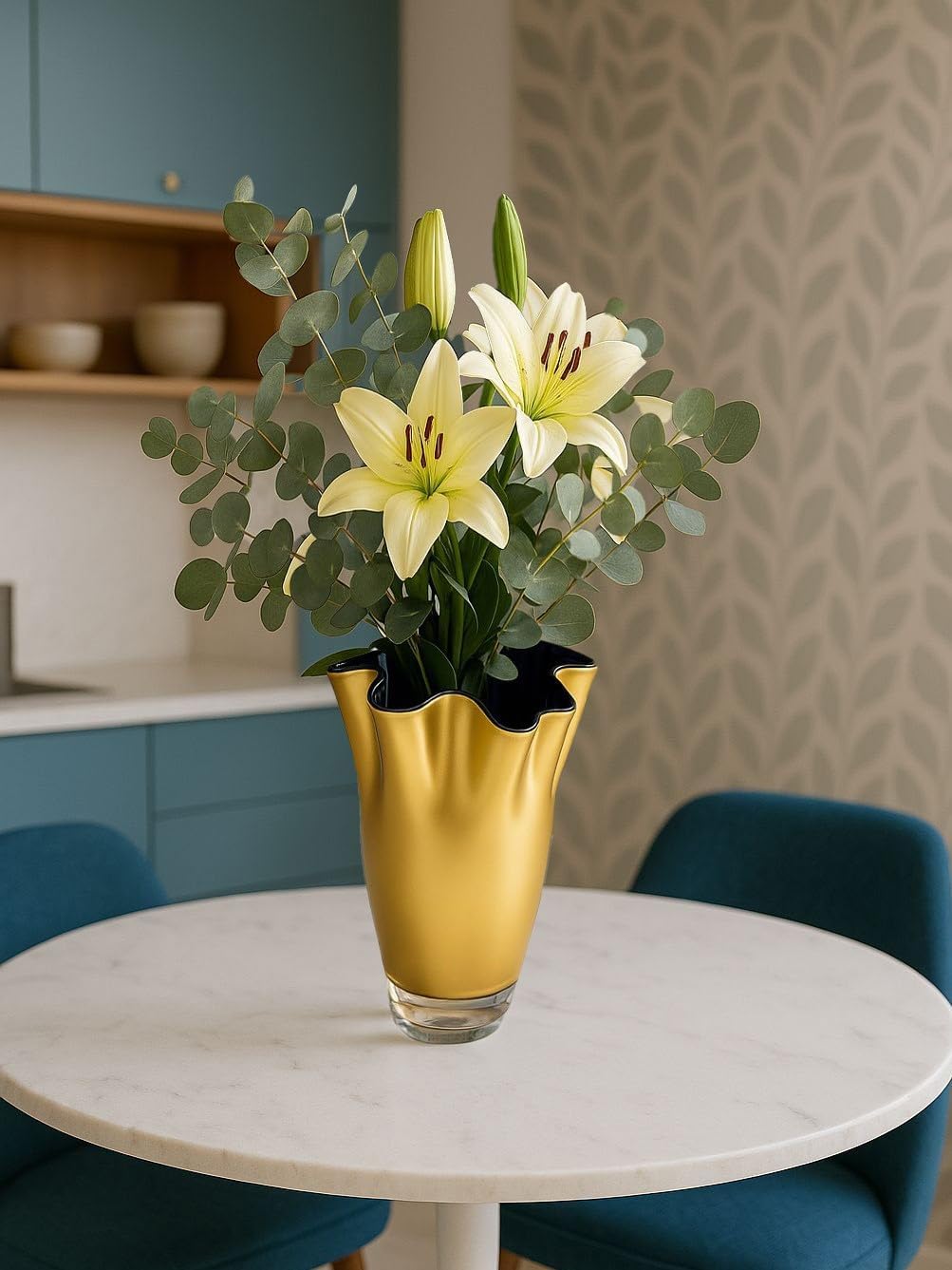 Glasvase dunkelblau Gold Blumenvase mundgeblasen 21 x 21 x 30 cm 21 x 21 x 30 cm Gold - Dunkelblau,