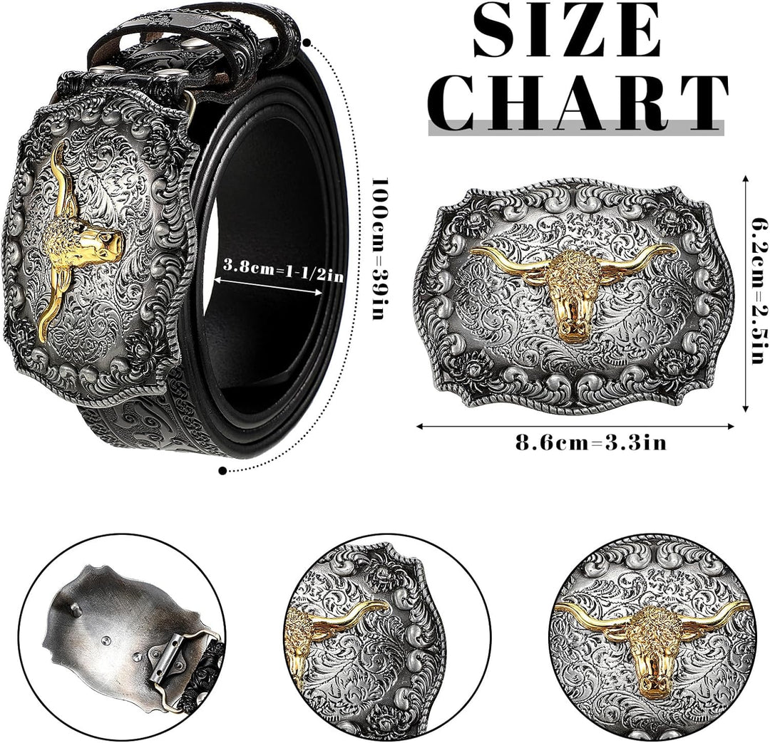Jadive Herren Gürtel Western Cowboy Bull Leder Schnallen Gürtel Longhorn Schnalle mit Blumen Gravur