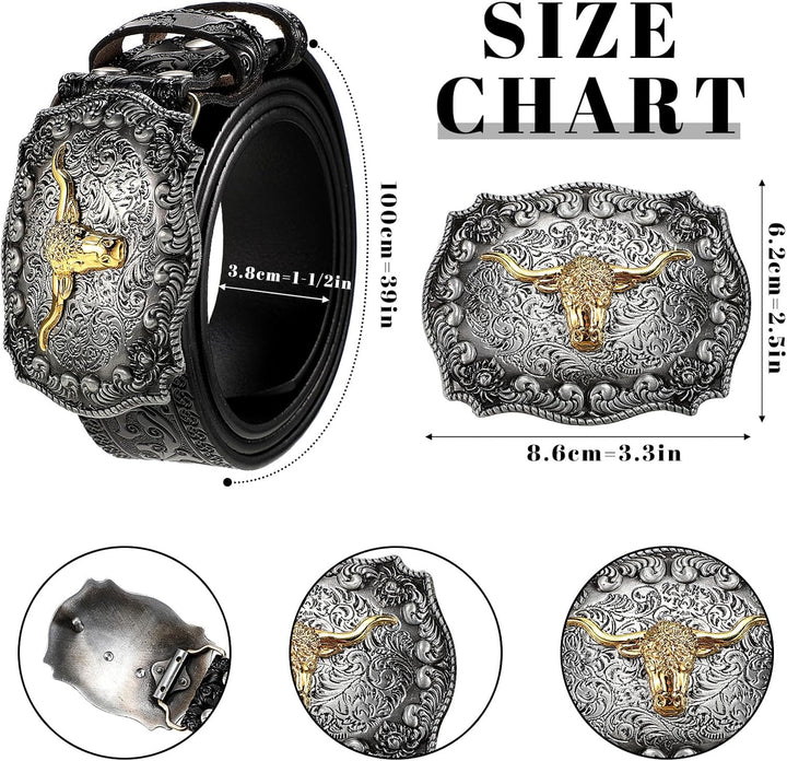 Jadive Herren Gürtel Western Cowboy Bull Leder Schnallen Gürtel Longhorn Schnalle mit Blumen Gravur