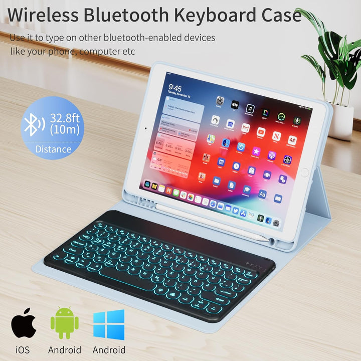Hülle mit Tastatur für iPad 9/8/7 Generation (2021/2020/2019) 10.2 Zoll Soft TPU Rückschalemit Stift