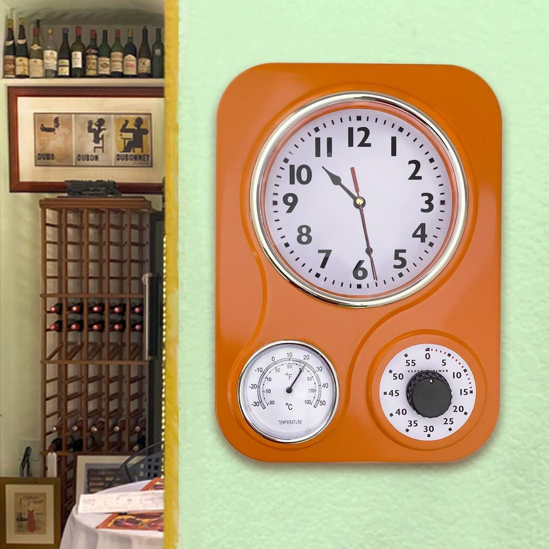 Lily's Home Retro Küchenuhr mit Temperatur und Timer (orange) Orange/Abendrot im Zickzackmuster (Sun