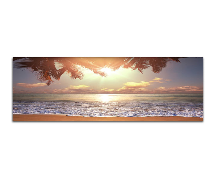 Panoramabild auf Leinwand und Keilrahmen 150x50cm Tropen Strand Meer Palme Abendsonne