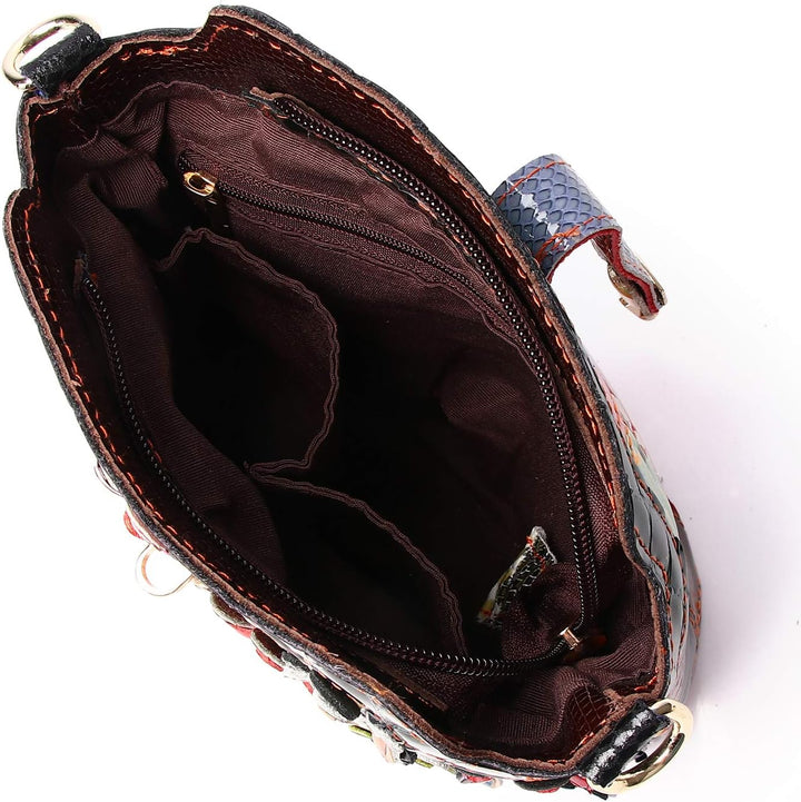 Segater® Mehrfarbig Floral Rind Leder-Umhängetasche für Damen, Vintage Rindsleder Handtasche Blumenm