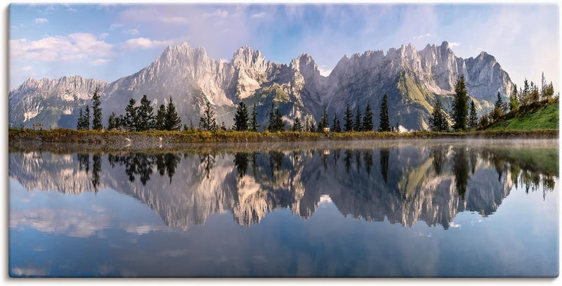 ARTland Leinwandbilder Wandbild Bild auf Leinwand 100x50 cm Wanddeko Landschaft Berge Alpen Bäume Se