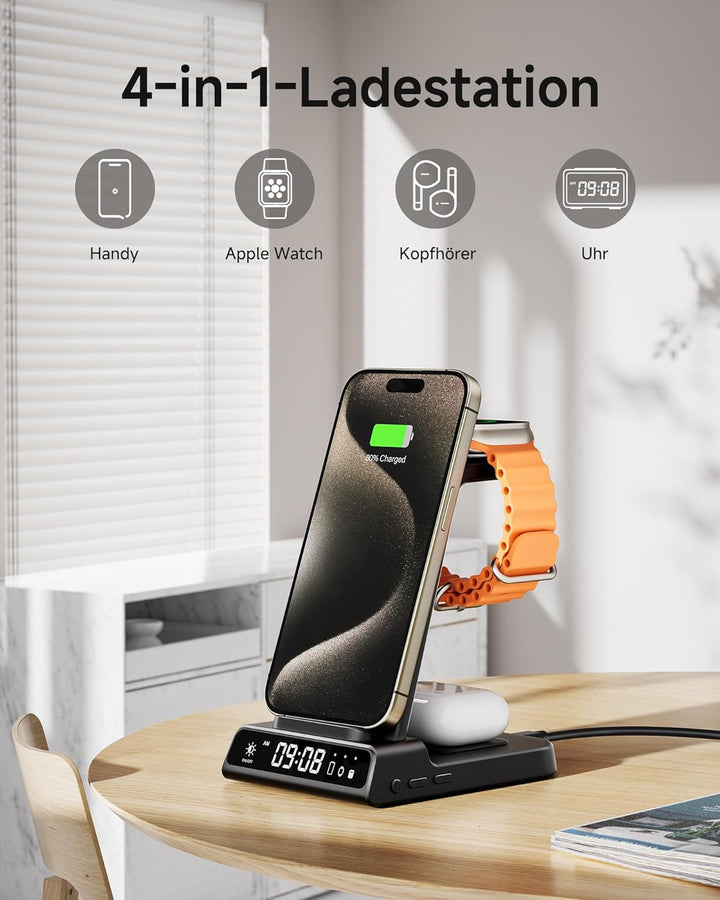 Kabellose Ladestation für Apple, 3 in 1 Kabellose Ladestation mit Digitaluhr, für iPhone 15/14/13/12