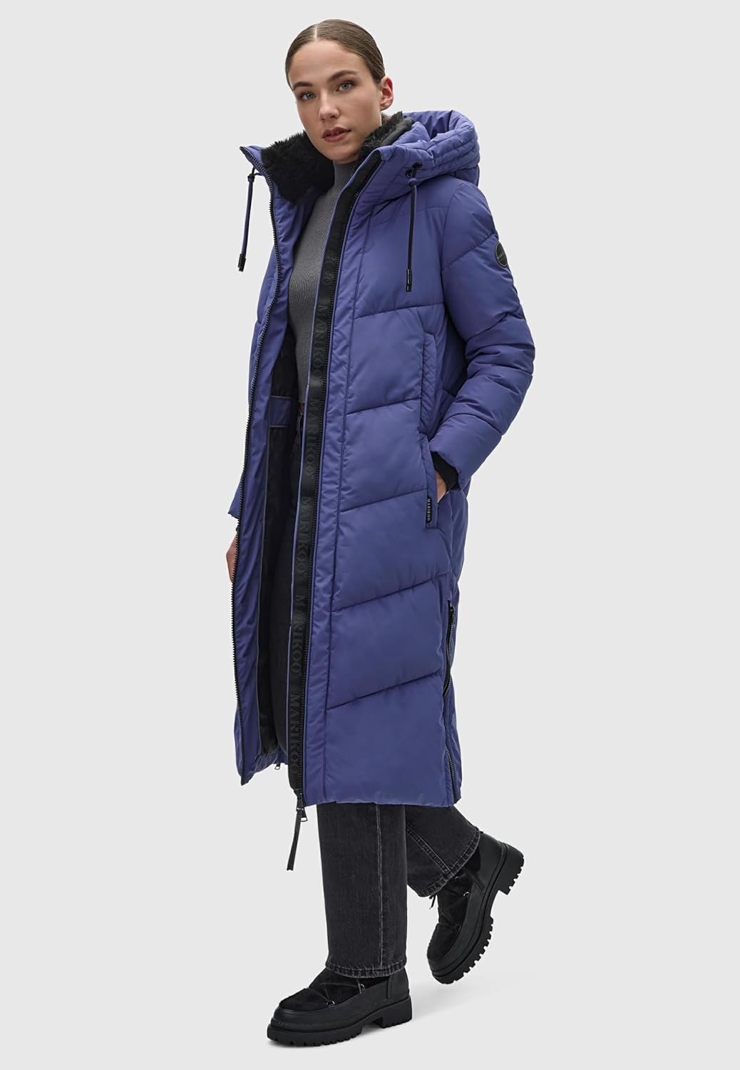 MARIKOO Damen Wintermantel Warmer Steppmantel lang mit Verstellbarer Kapuze und hohem Kragen Nadaree