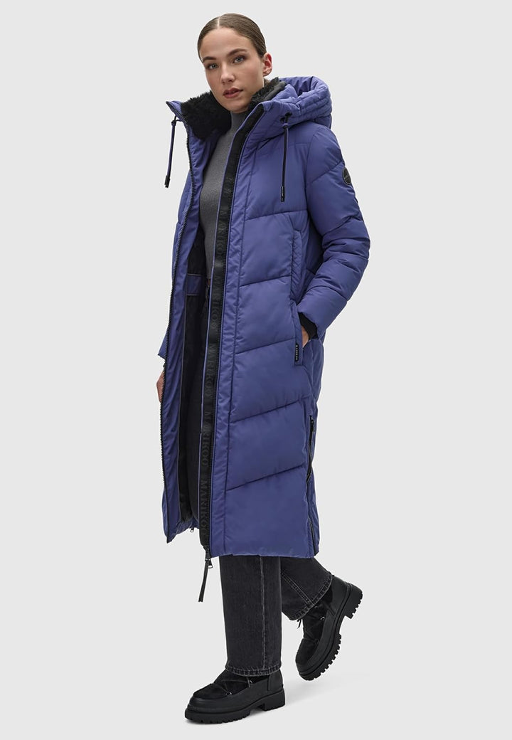 MARIKOO Damen Wintermantel Warmer Steppmantel lang mit Verstellbarer Kapuze und hohem Kragen Nadaree