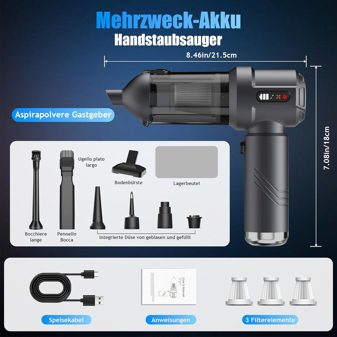 Handstaubsauger Akku, 26000Pa Mini Staubsauger, 6000mAh, 4-in-1 Auto Staubsauger Stark Blasen und Sa