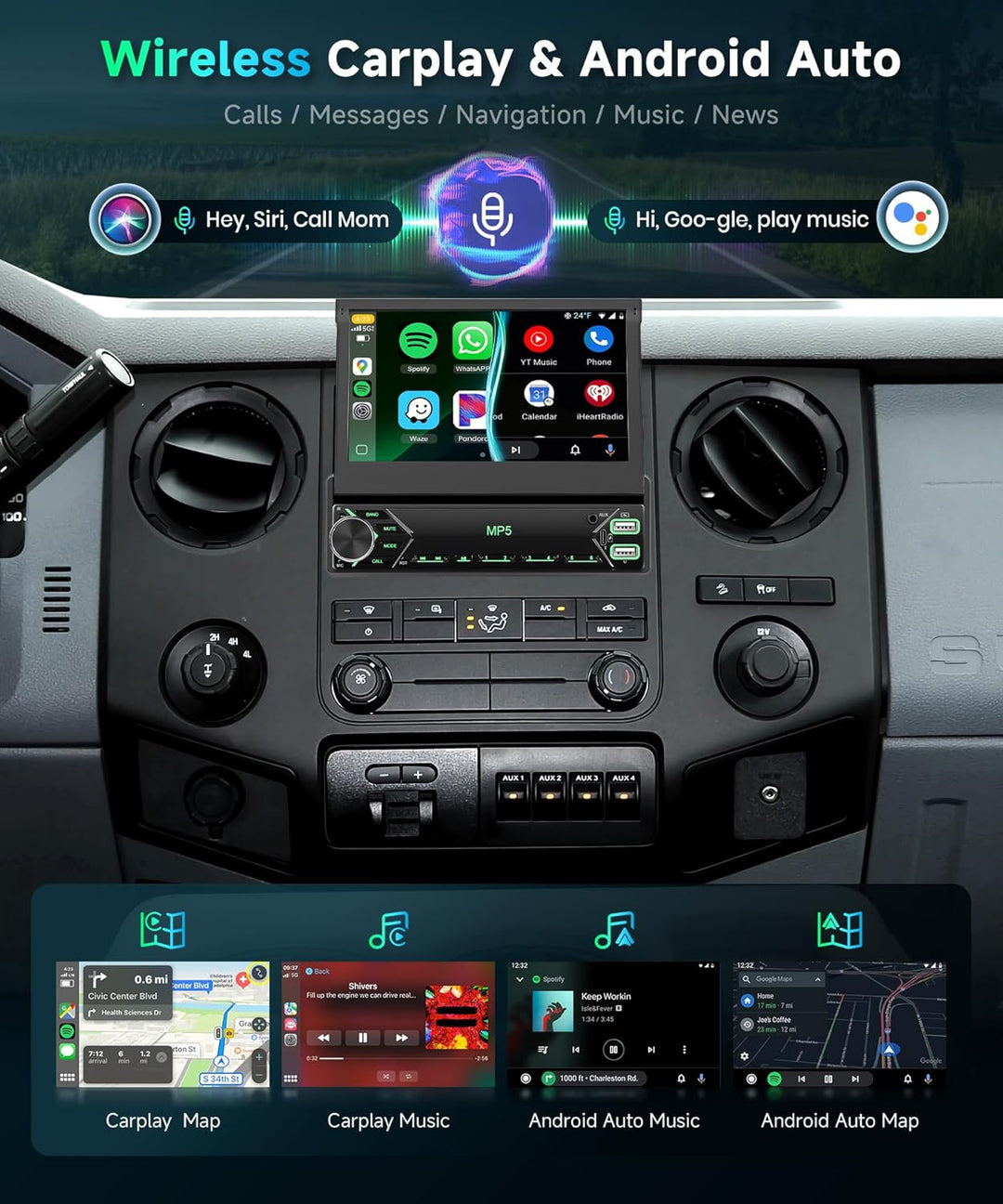 7 Zoll Flip Out 1 Din Autoradio mit DAB Wireless Carplay Android Auto, Podofo 1 Din Touchscreen Blue