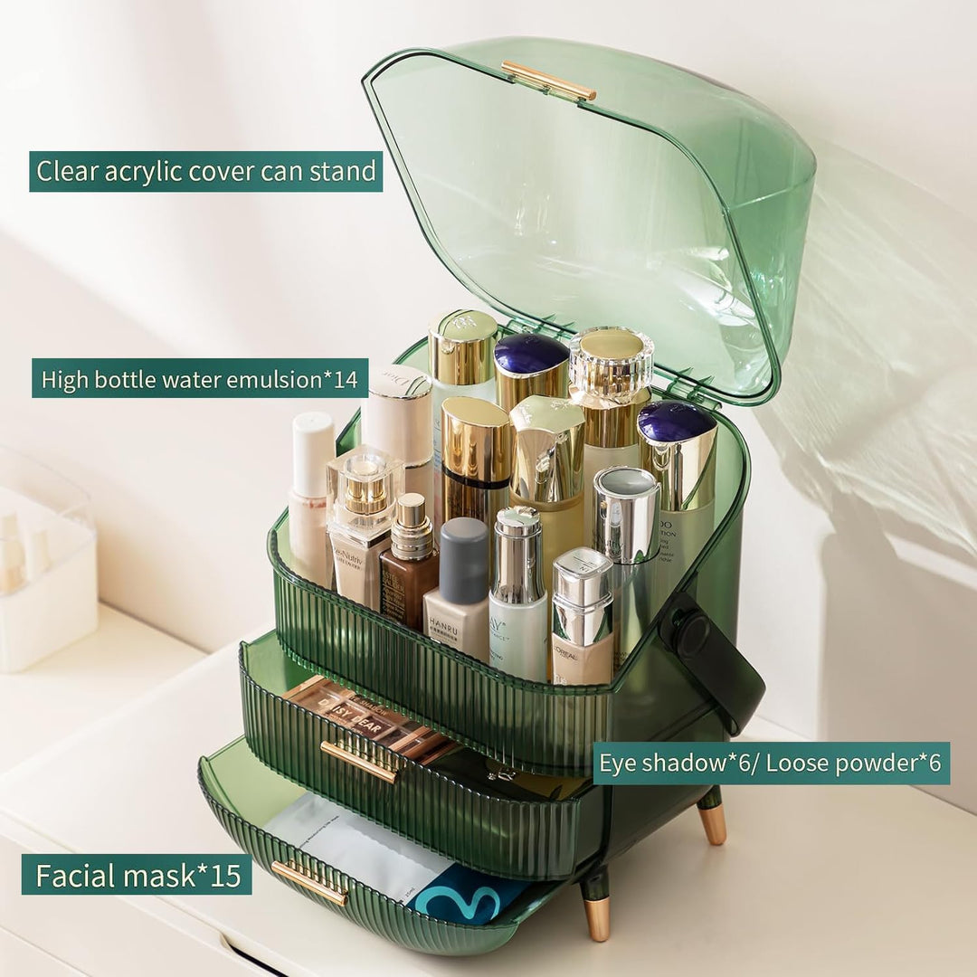 Makeup Organizer Box with Dust Free Transparent Cover, Portable Cosmetic Organizer with Portable Han