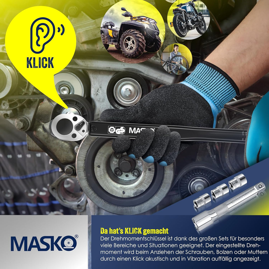 MASKO® Drehmomentschlüssel 6tlg. Set 40-210Nm 1/2' CV inkl. 3 Stecknüsse 17mm 19mm 21mm & Verlängeru