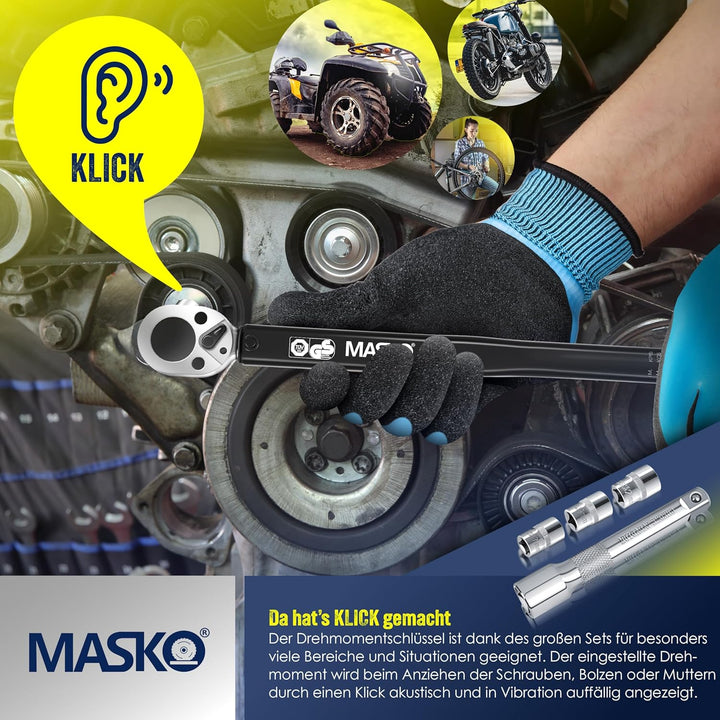 MASKO® Drehmomentschlüssel 6tlg. Set 40-210Nm 1/2' CV inkl. 3 Stecknüsse 17mm 19mm 21mm & Verlängeru