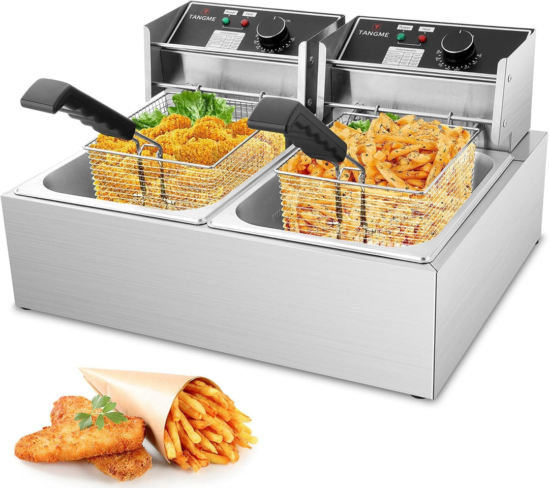 TANGME Kommerzielle Fritteuse, 5000W Elektrische Fritteuse mit 2x6L Körben 0,8mm Edelstahl Doppelter