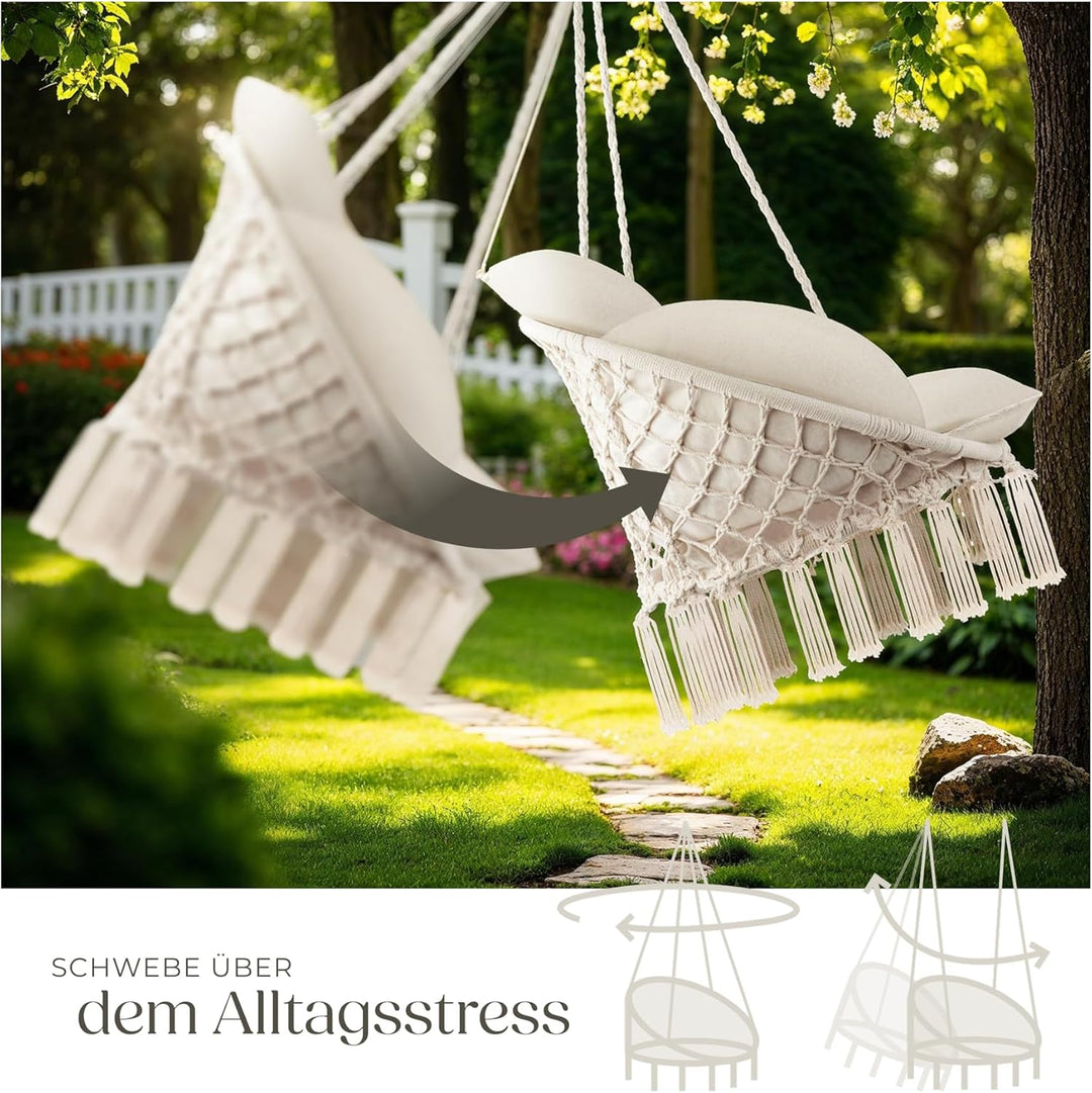tectake® Hängesessel, Hängeschaukel mit dicken Kissen & Quasten, Boho Hängekorb Ø 80 cm, Hängesessel