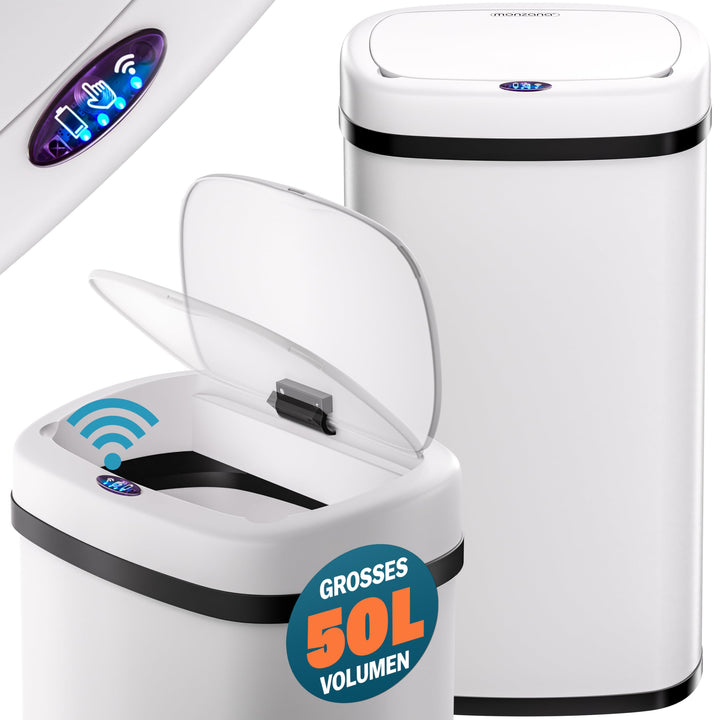 Monzana® Mülleimer mit Sensor Küche 50L Weiss Edelstahl Automatik Deckel Klemmring inkl. USB-Kabel S