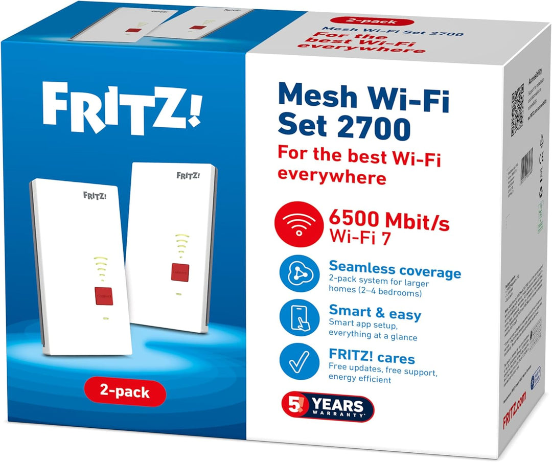 FRITZ! Mesh Set 2700 (2er Set) | ultraschnelles WLAN 7 mit bis zu 6.500 Mbit/s | WLAN-Abdeckung 5-7