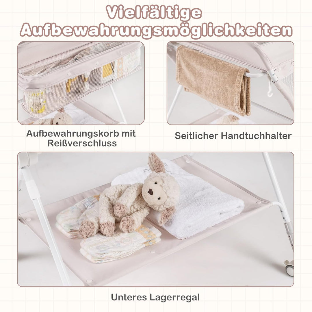COSTWAY 3 in 1 Wickeltisch klappbar, mobile Wickelkommode mit Rollen, Wickelstation höhenverstellbar