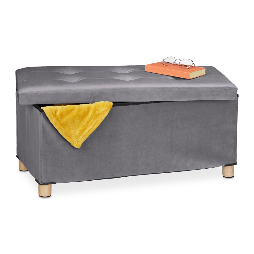 Relaxdays Sitzbank mit Stauraum, Polster, Samtbezug, Holzfüsse, bis 120 kg, faltbar, Sitztruhe HBT 3