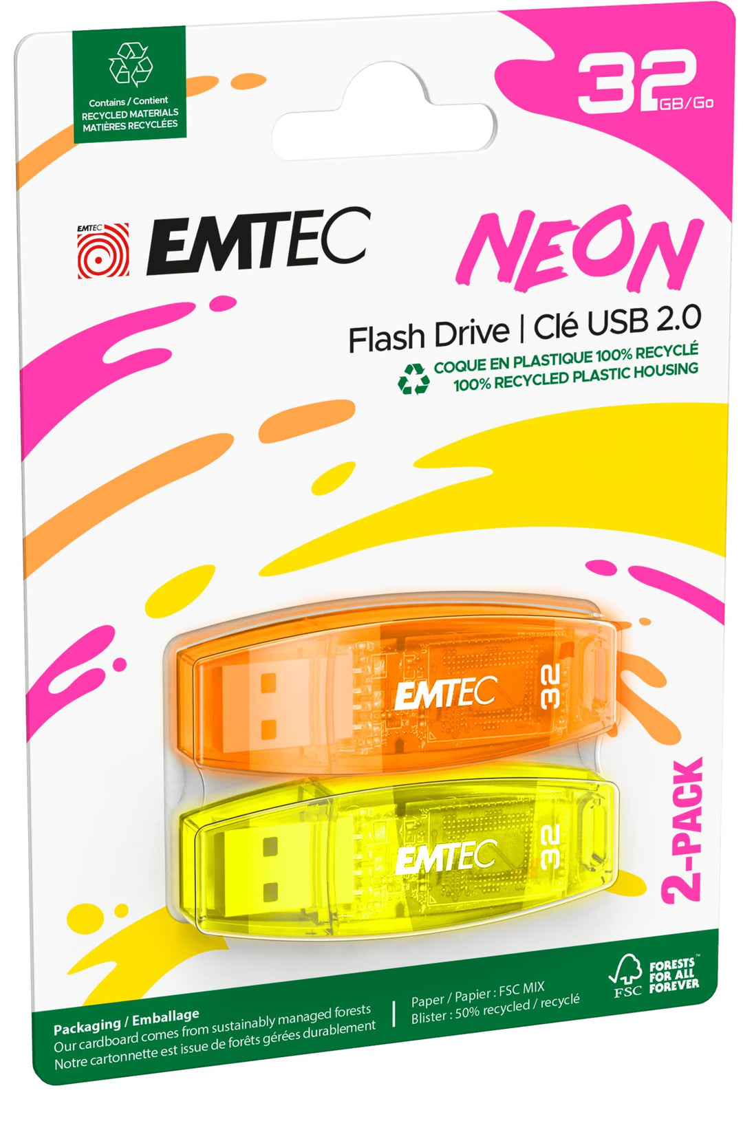 Emtec C410 32GB USB-Stick USB 2.0 Transparent Neon - 2er Pack (Orange Gelb) Pack de 2 (32 Go), Pack