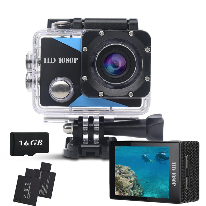 Action Cam1080P mit 16GB Speicherkarte, Unterwasserkamera wasserdicht bis 30M, Actionkamera mit 2×90