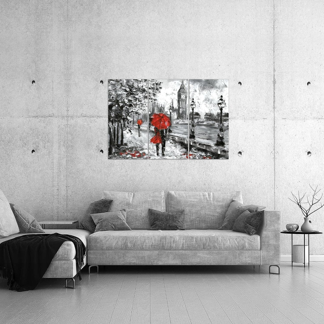 Runa Art Wandbilder London Bild XXL Wohnzimmer Schlafzimmer Rot Grau Gemalt 120 x 80 cm 3 Teilig 024