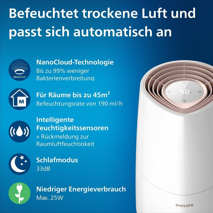 Philips Series 3000 Luftbefeuchter – für Räume bis 45 m², NanoCloud-Technologie, 3 Geschwindigkeitss