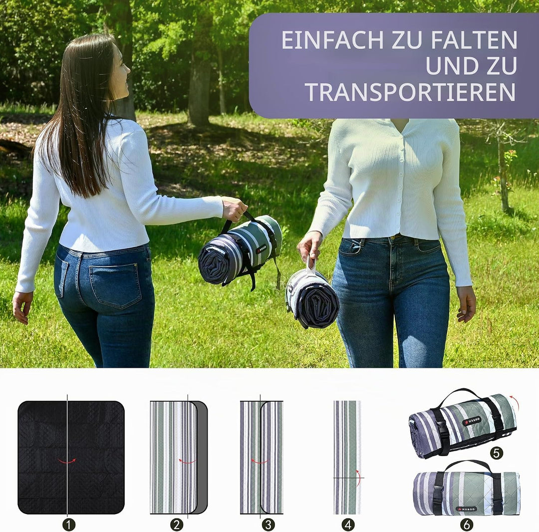 HX&OD Outdoor-Picknickdecke, extra gross, 203 x 152 cm, wasserdichte Picknickmatte mit Heringen, fal