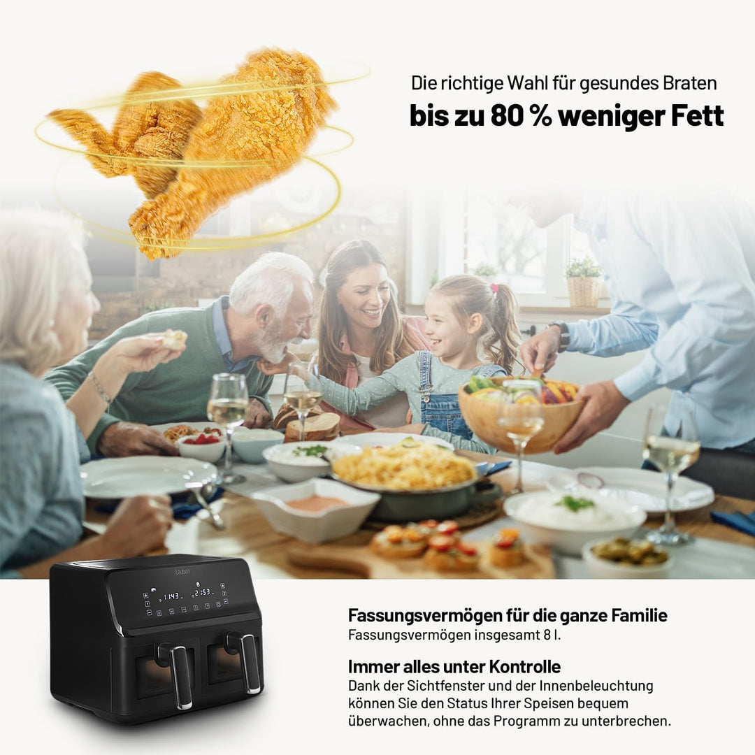Lauben DualZone® Heissluftfritteuse 8000BC Air Fryer mit zwei Körben, Gesamtvolumen 8l, individuelle