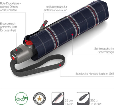 Knirps T.200 Taschenschirm Duomatic Check Navy - inkl. Futteral im Schirmdesign - Hochqualitative Ve