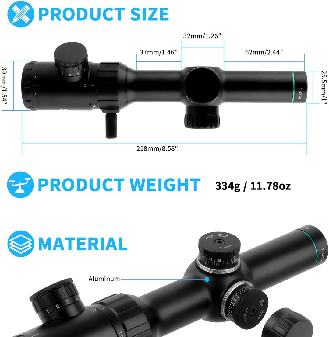 Optics Monokular Scope 1-4X20 zf, 25,4mm Tubus Sucher, Absehen 1/2 Zoll Voll multivergütet Monokular