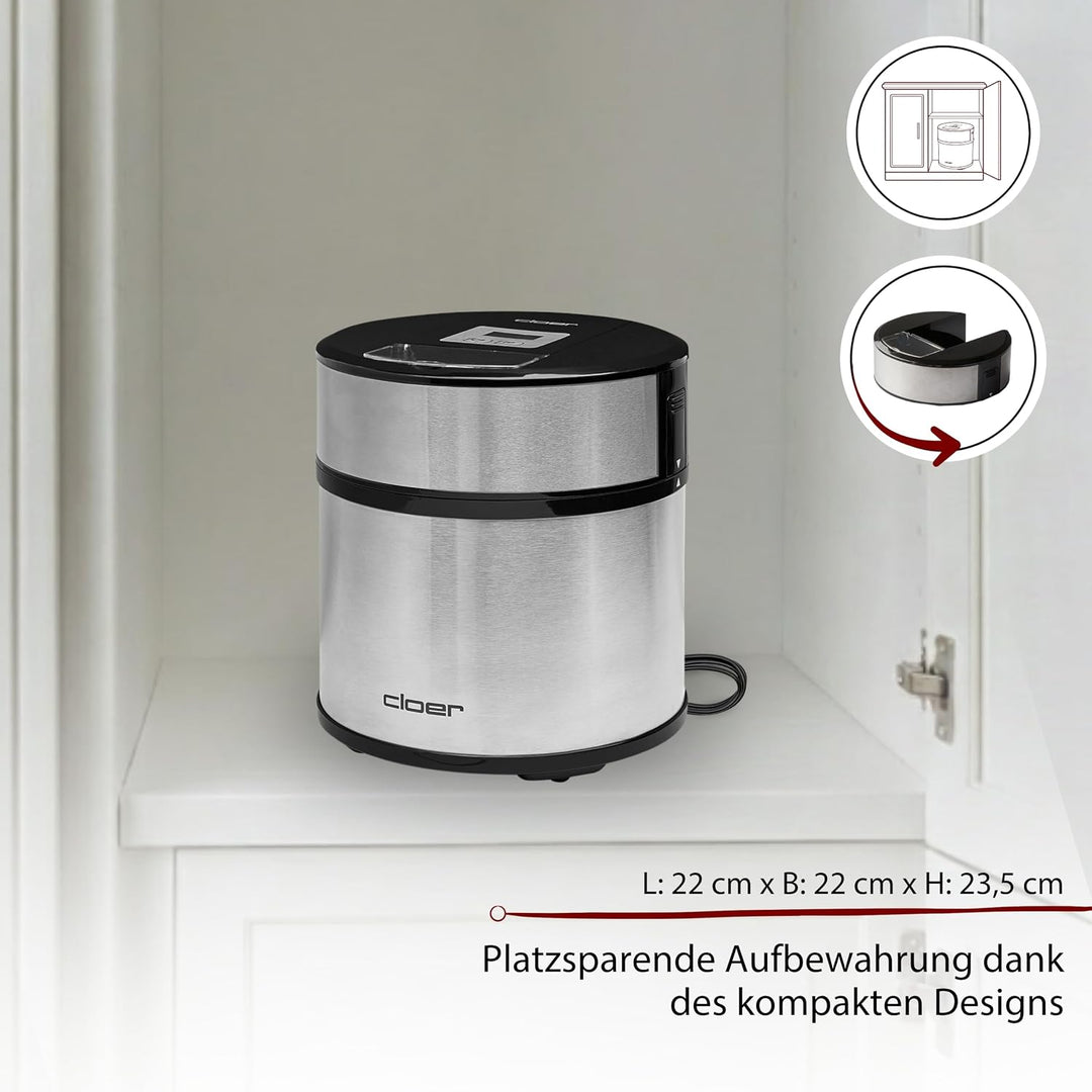 Cloer 9959 Eismaschine für Eis Creme, Eis, Frozen Joghurt und Sorbet, 1,5 l Fassungsvermögen, LED-Di