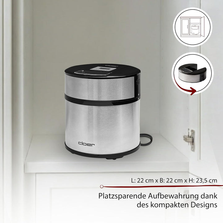 Cloer 9959 Eismaschine für Eis Creme, Eis, Frozen Joghurt und Sorbet, 1,5 l Fassungsvermögen, LED-Di