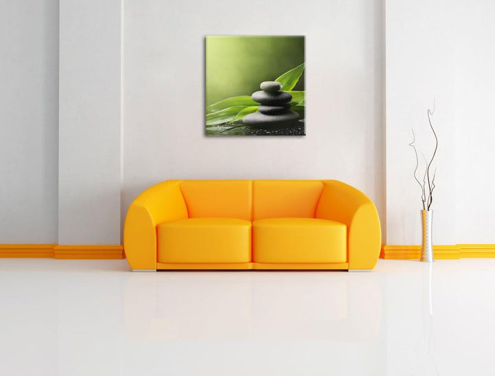Zen Steine mit Blättern, Format: 70x70 auf Leinwand, XXL riesige Bilder fertig gerahmt mit Keilrahme