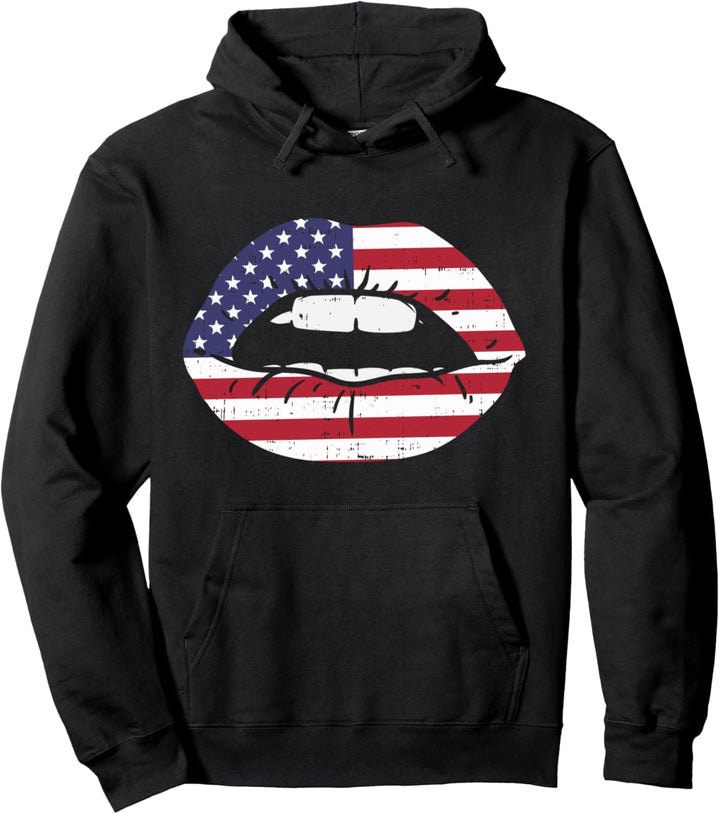 Lips Kiss American Flag USA 4th Of July Fourth Women Girls Pullover Hoodie