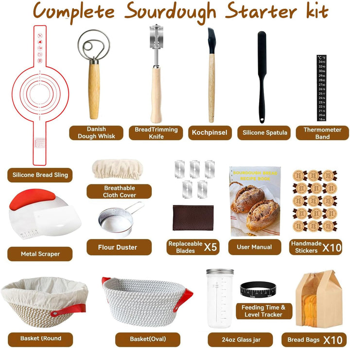 Bread Sauerteig Starter Set, Sauerteig Zubehör mit 2 Gärkorb Brot (23cm Runde & 25cm Ovale), 700ml G
