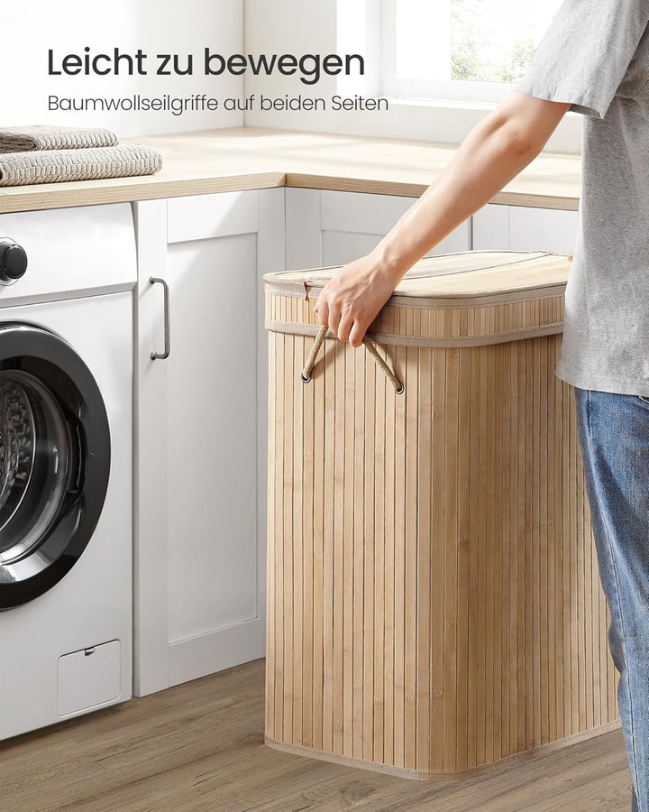 SONGMICS Wäschekorb mit Deckel, Wäschesammler Bambus, Wäschesack herausnehmbar und maschinenwaschbar