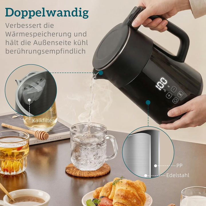 HOMCOM Elektrischer Wasserkocher, 1,7L, Schnellkochend, 2200W, mit LED-Display, Warmhaltefunktion, 4