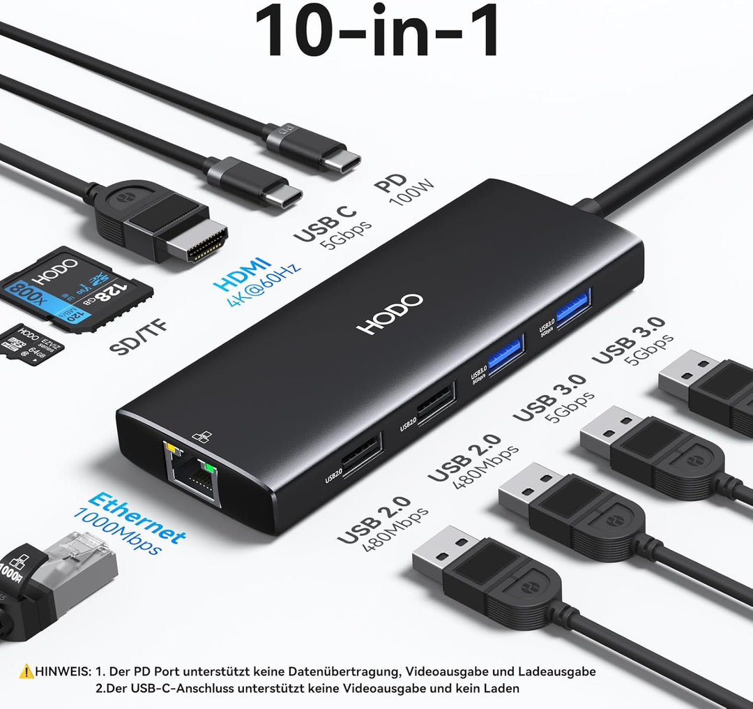 HODO USB C Hub Ethernet für MacBook Air/Pro, Adapter Mac Book Zubehör 10 in 1 mit 4K 60Hz HDMI, Ethe