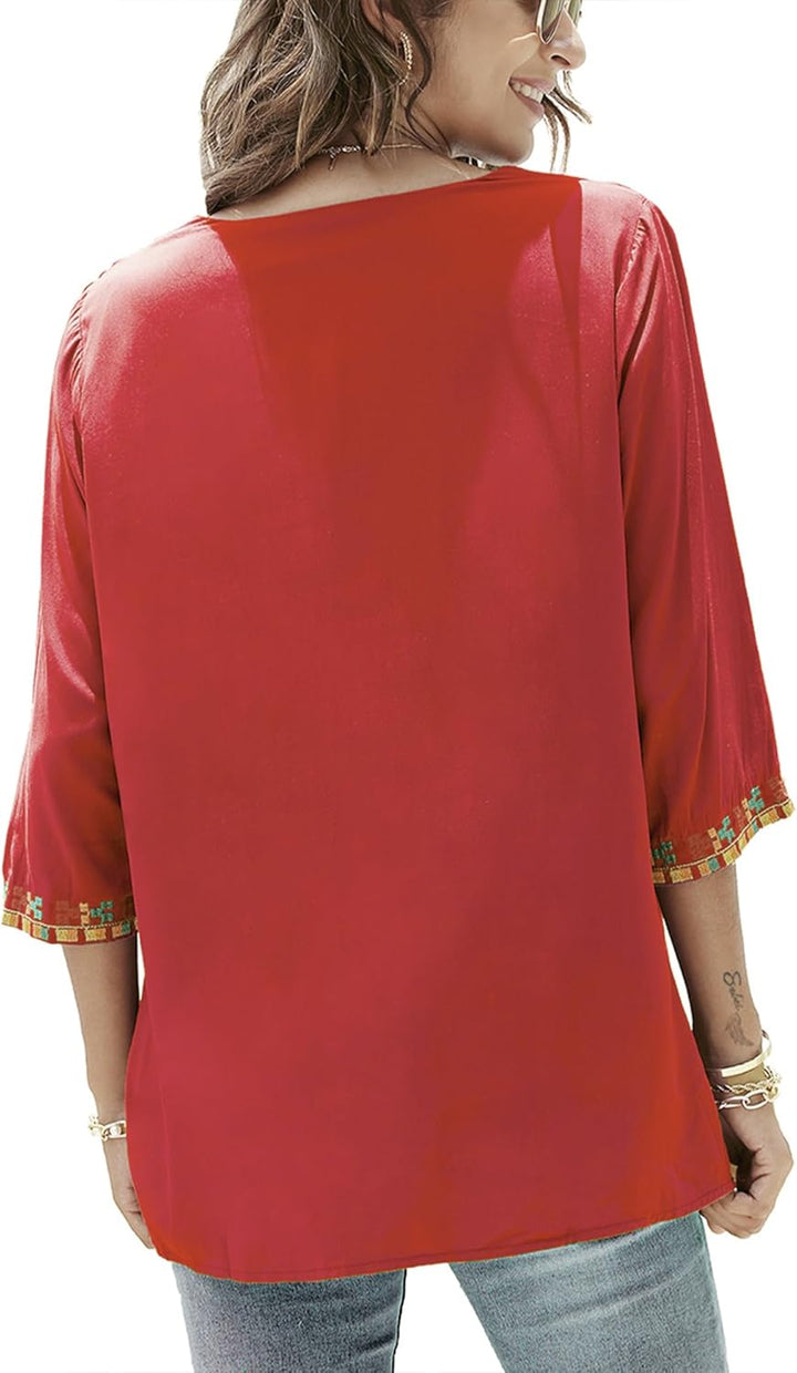 Hippie Kleidung Damen Bohemian Folklore Stickerei Bluse 3/4 äRmel V Ausschnitt Tunika Sommer LäSsige