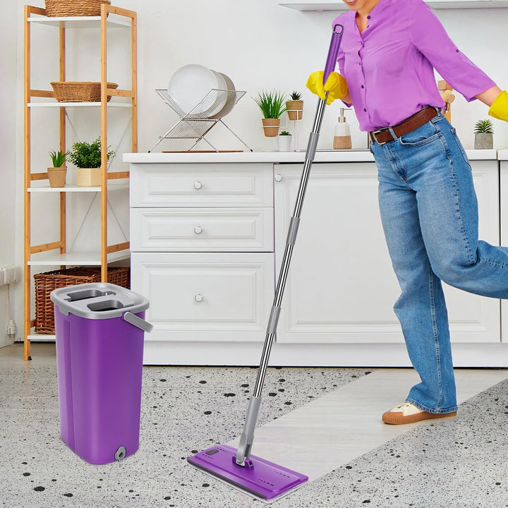 MASTERTOP Wischmopp Set mit Eimer, Bodenwischer Set mit 5 Mikrofaser Pads und Edelstahl Griff, Flach